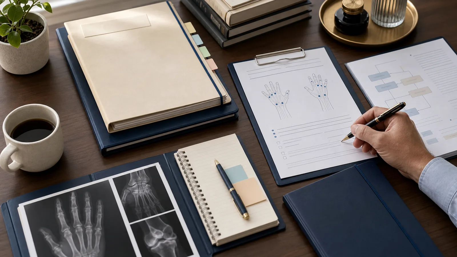 Arthritis TPD claim evidence showing hand mobility notes, joint imaging and work-capacity records.