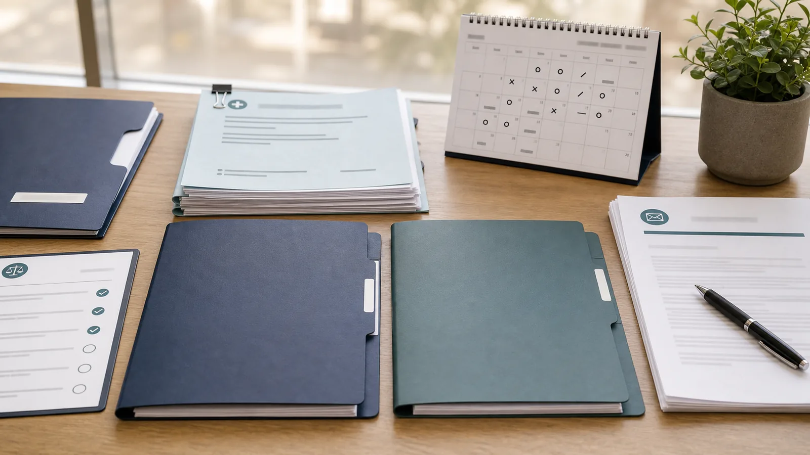 TPD lawyer change file handover showing claim folders, medical evidence, correspondence and deadline calendar being reviewed.