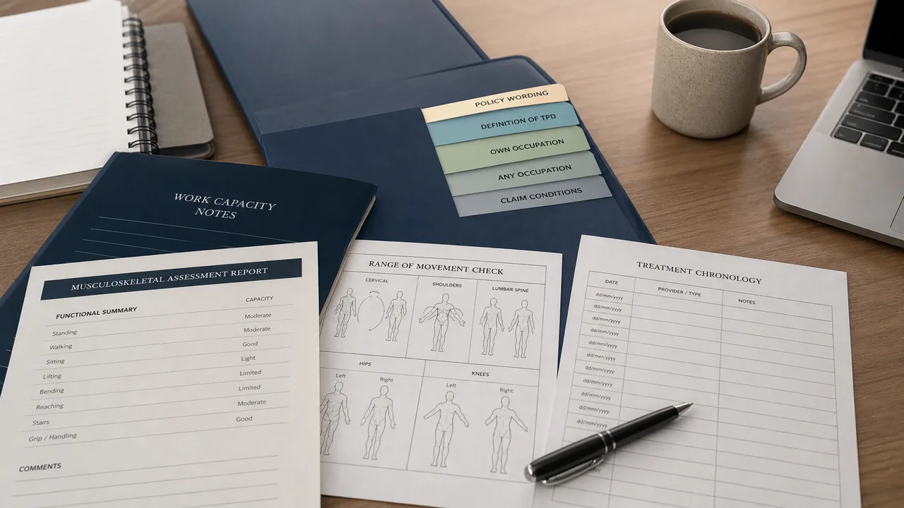 Physical injury evidence and work capacity notes prepared for a TPD claim review.