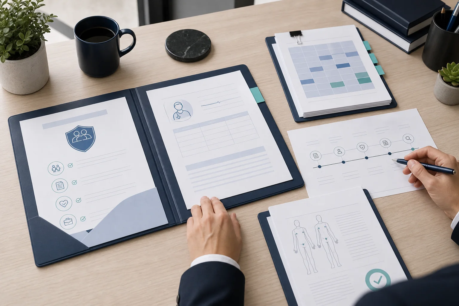 TPD claim evidence review showing leave records, medical evidence, employer records, policy wording and a work-capacity chronology being organised.