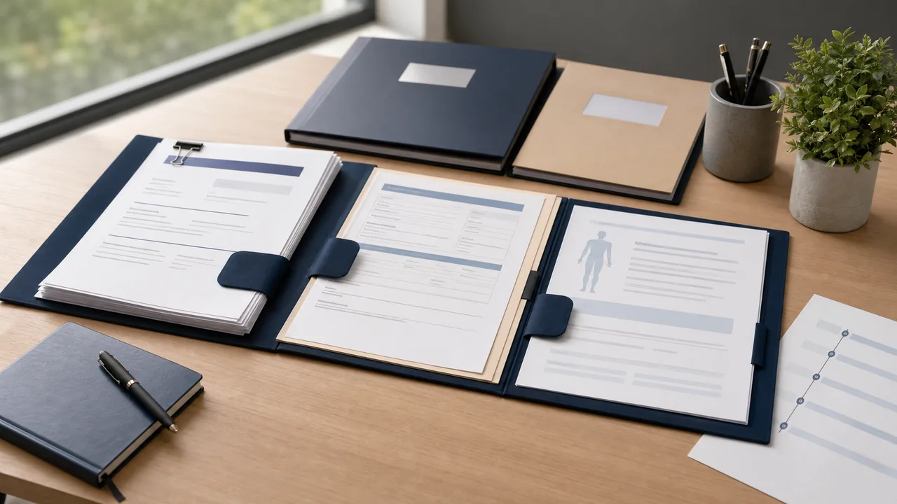 Workers compensation settlement documents, TPD policy papers, medical capacity report and claim chronology reviewed together on a legal office desk.