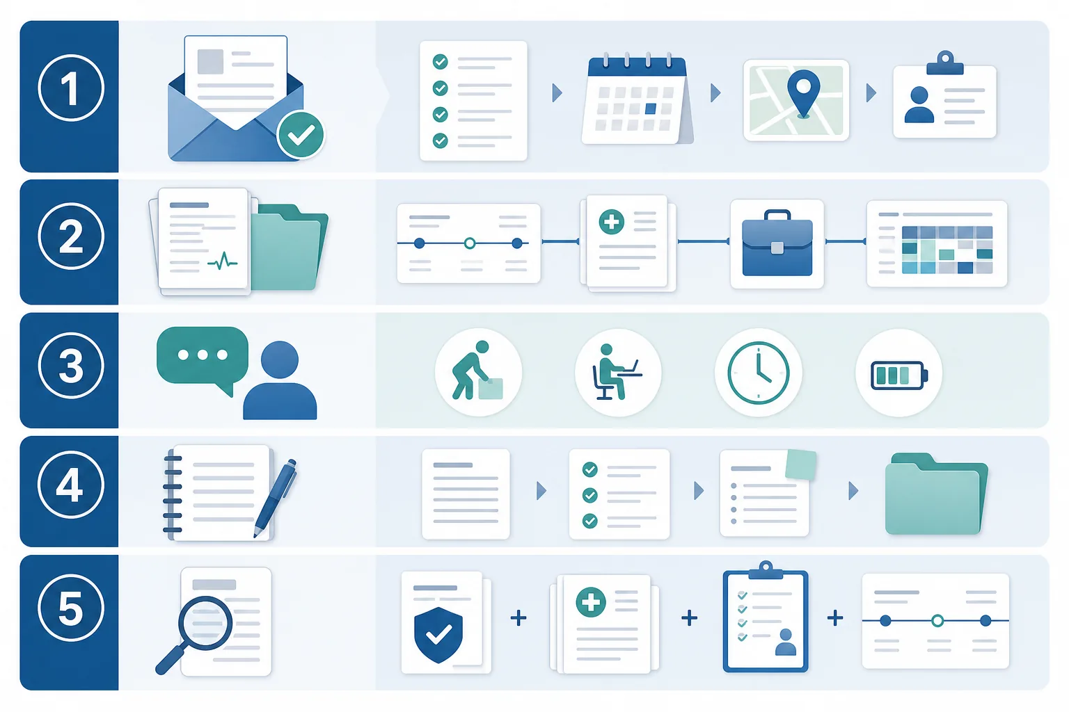 Five-step IME preparation map linking appointment checks, evidence alignment, functional answers, file notes and correction response to the policy test.