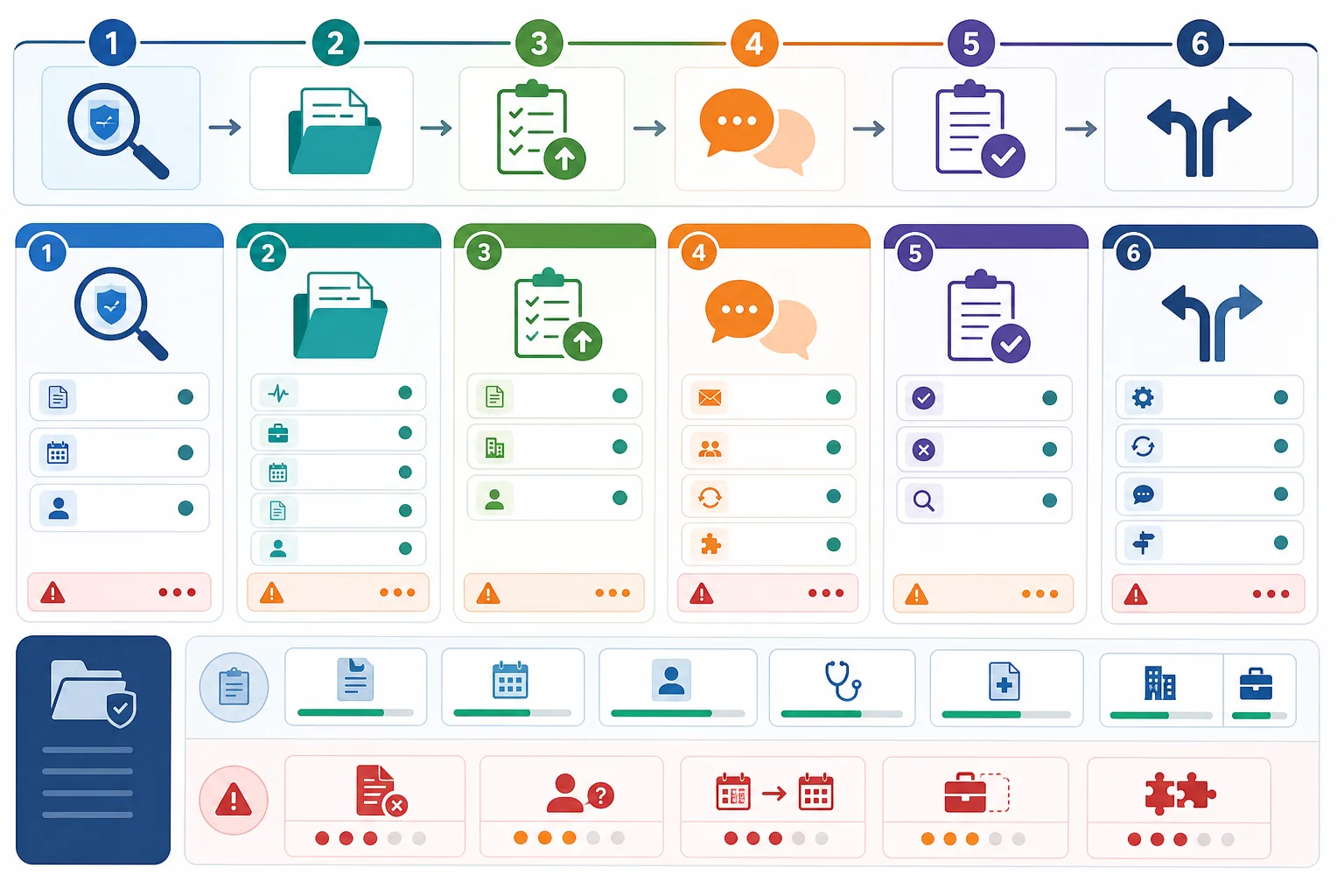 Six-stage TPD claim process map showing policy scoping, evidence preparation, lodgement, assessment requests, decision review, and post-decision options.